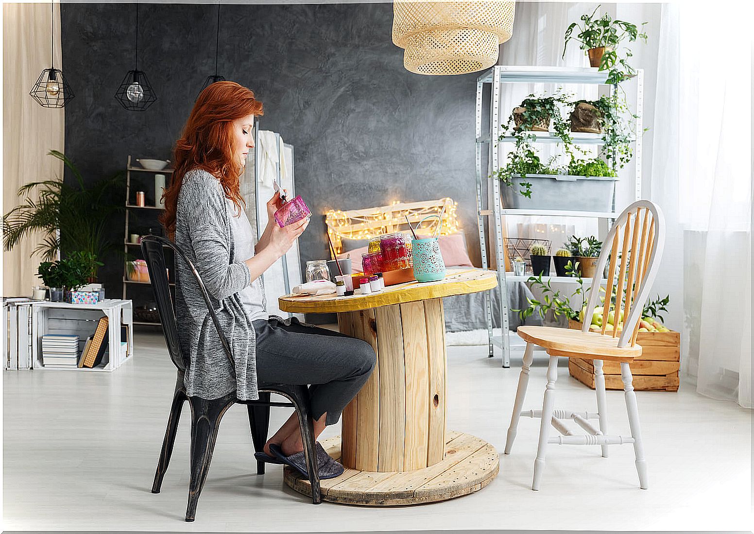 Girl in a living room with grunge decor elements