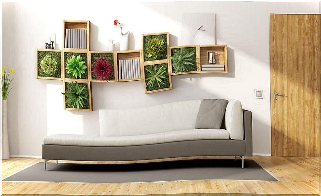 Living room with plants on the wall: ecological decoration