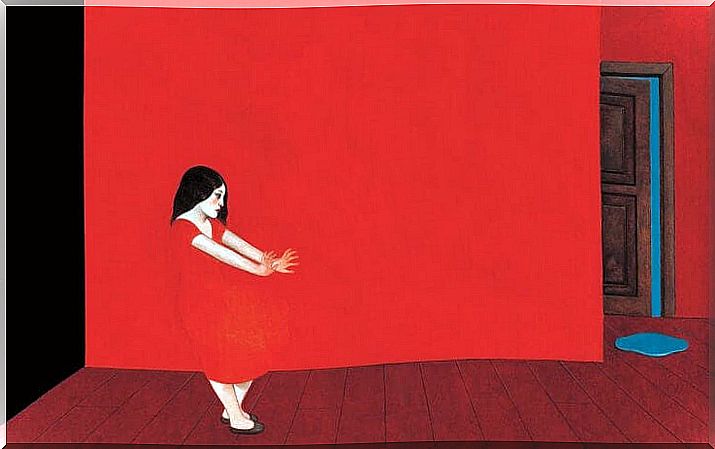 red woman running away from guilt